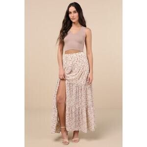 Lulus Subtle Sweetness Cream Floral Print Tiered Maxi Skirt White - Size S